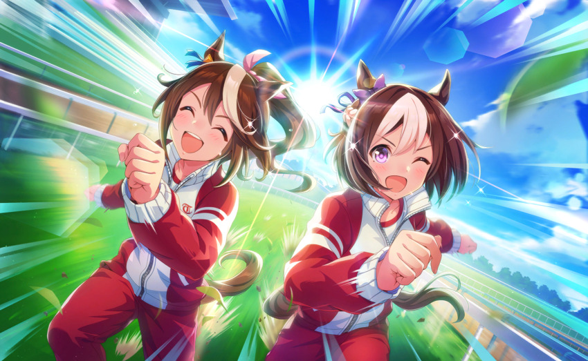 2girls ^_^ animal_ears artist_request blue_ribbon blue_sky bow braid brown_hair clenched_hands closed_eyes cloud collarbone cowboy_shot crest day dot_nose ear_bow ear_ornament ear_ribbon emphasis_lines floating_clothes floating_hair game_cg glint hair_between_eyes hair_bow hair_ribbon half_up_braid high_ponytail highres horse_ears horse_girl horse_tail jacket light_blush long_hair long_sleeves looking_ahead motion_blur multicolored_hair multicolored_jacket multiple_girls official_art one_eye_closed open_mouth outdoors pants pink_bow ponytail puffy_long_sleeves puffy_sleeves purple_bow purple_eyes purple_ribbon racing red_jacket red_pants ribbon running short_hair sky smile special_week_(umamusume) sportswear streaked_hair sun sweat sweatpants tail tareme teeth tokai_teio_(umamusume) tracen_training_uniform track_and_field track_jacket tree turtleneck turtleneck_jacket two-tone_jacket umamusume upper_teeth_only white_jacket zipper