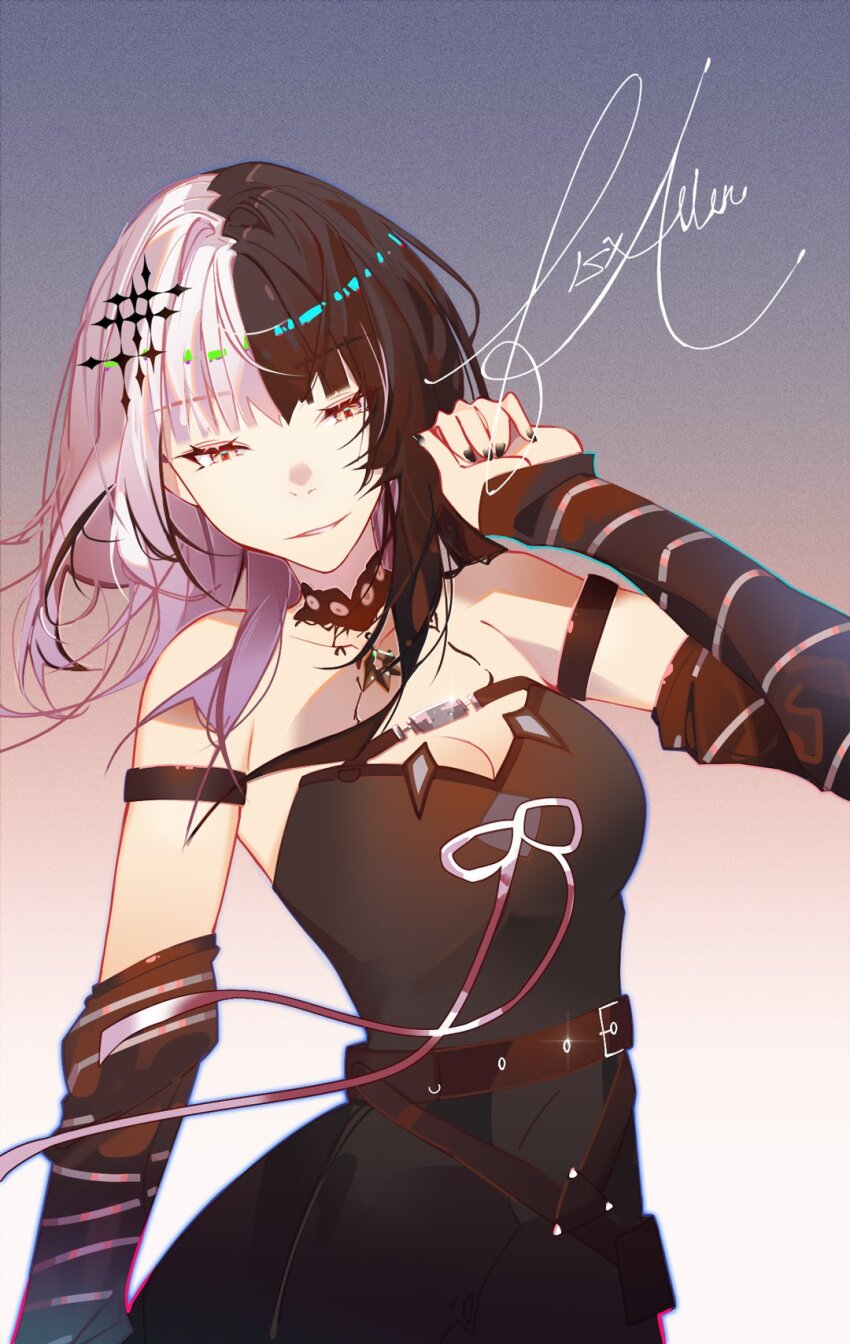 1girl arm_strap black_arm_warmers black_choker black_dress black_hair black_nails breasts choker cleavage dress f15xallen grey_hair highres hololive hololive_english large_breasts long_hair multicolored_hair ribbon shiori_novella shiori_novella_(1st_costume) signature solo split-color_hair striped_arm_warmers two-tone_hair virtual_youtuber white_ribbon yellow_eyes