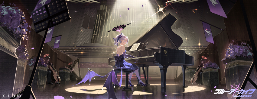 1girl :o absurdres artist_name back_bow banner bare_back bare_shoulders black_footwear black_halo blue_archive bow bow_(music) cello chinese_commentary commentary_request commission copyright_name diffraction_spikes dress earrings elbow_gloves from_behind full_body gloves grand_piano hair_behind_ear halo harp high_heels highres hina_(blue_archive) hina_(dress)_(blue_archive) huade_xiami indoors instrument jewelry light_blush light_particles looking_at_viewer looking_back mechanical_halo median_furrow music music_stand necklace official_alternate_costume open_mouth organ_(instrument) pearl_anklet pearl_necklace people piano piano_bench pink_eyes plant playing_instrument playing_piano ponytail potted_plant purple_bow purple_dress purple_gloves purple_hair ringed_eyes sheet_music shoulder_blades side_ponytail sitting solo_focus spotlight stage updo watermark wooden_floor
