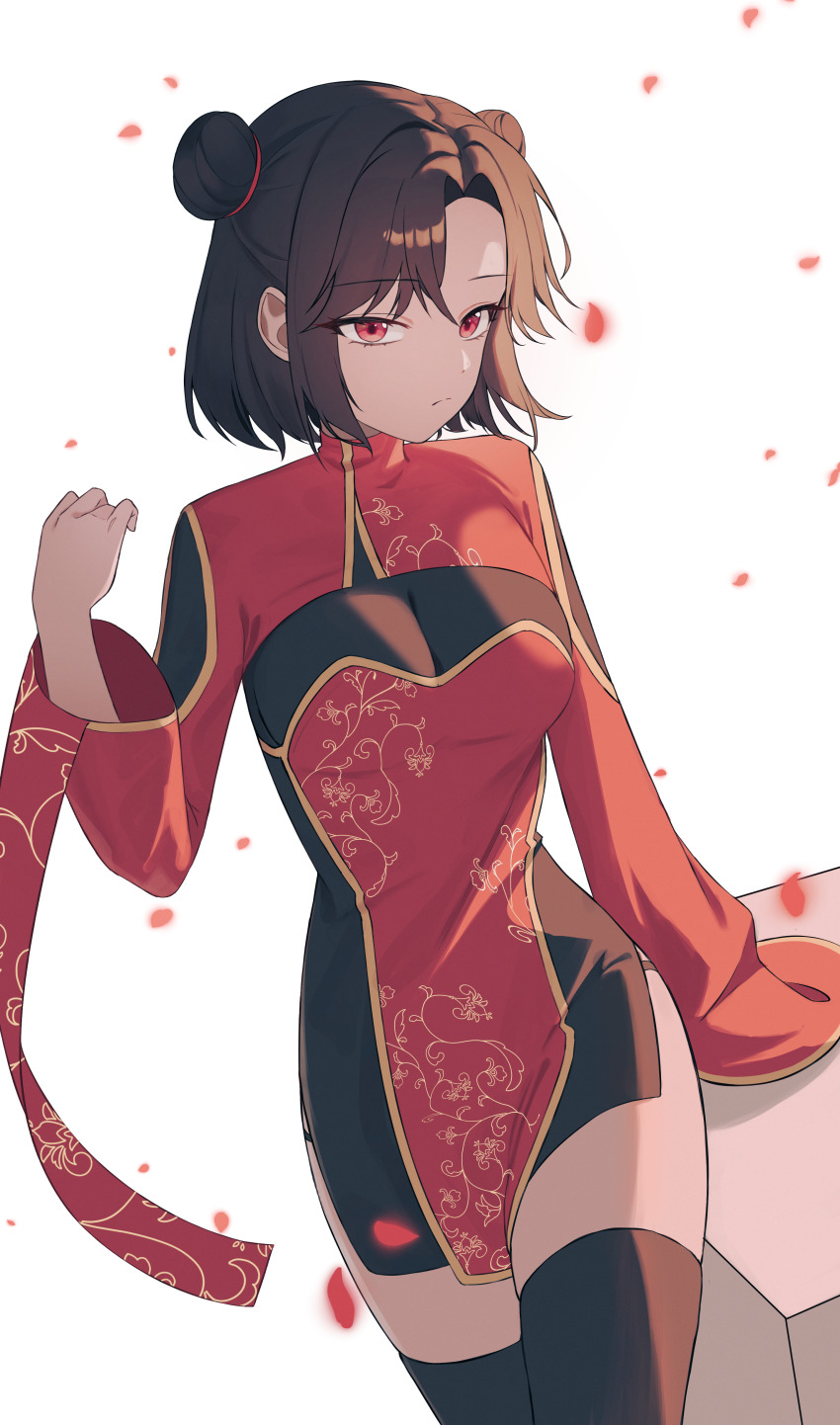 1girl absurdres black_dress black_hair black_thighhighs breasts china_dress chinese_clothes cleavage closed_mouth commission cowboy_shot double_bun dress hair_bun hand_up highres looking_at_viewer medium_breasts original panty_straps parted_bangs pelvic_curtain red_dress red_eyes see-through_cleavage see-through_clothes seungju short_hair simple_background solo thighhighs thighs two-tone_dress white_background