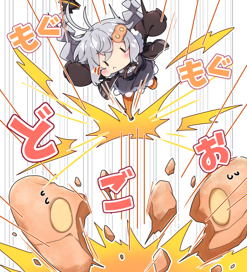 1girl :t black_dress black_shoes blush braid chibi chibi_only closed_mouth commentary_request cookie dress food food-themed_hair_ornament full_body grey_hair hair_ornament highres kizuna_akari long_hair long_sleeves mg_mg milkpanda orange_pantyhose pantyhose peanut shoes solo striped_clothes striped_pantyhose translation_request twin_braids vocaloid voiceroid white_background |_|