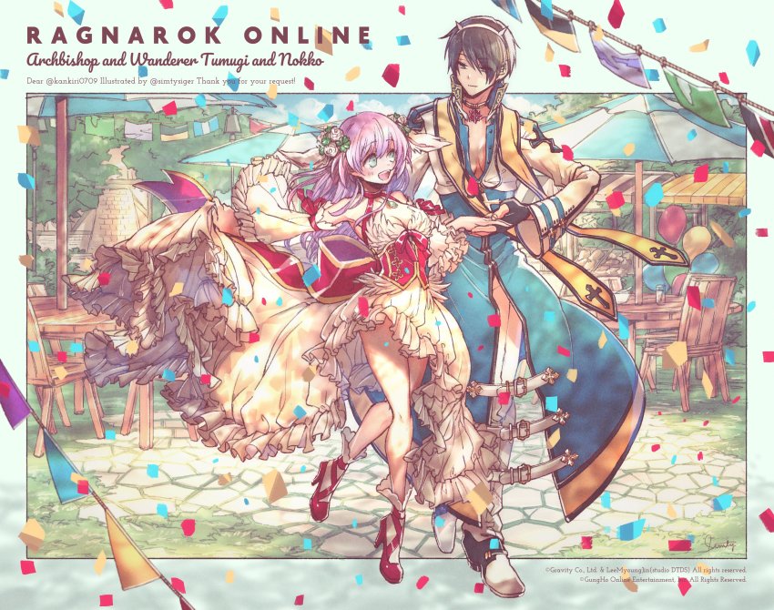1boy 1girl absurdres arch_bishop_(ragnarok_online) black_eyes black_hair blue_coat blue_sky bow breasts chair cleavage closed_mouth cloud coat cobblestone commentary_request commission confetti copyright_request detached_sleeves dress english_text fake_horns flags_of_all_nations flower frilled_dress frills full_body green_eyes hair_between_eyes hair_flower hair_ornament hairband high_heels highres horns large_bow long_hair looking_at_another looking_to_the_side medium_breasts multicolored_coat official_alternate_costume open_clothes open_coat open_mouth outdoors outside_border pants pink_hair ragnarok_online red_bow red_footwear red_ribbon ribbon short_hair signature simty_(lemon_ginger) skeb_commission sky sleeve_ribbon smile streamers string_of_flags two-tone_coat umbrella walking wanderer_(ragnarok_online) watermark white_coat white_dress white_flower white_footwear white_hairband white_pants white_sleeves