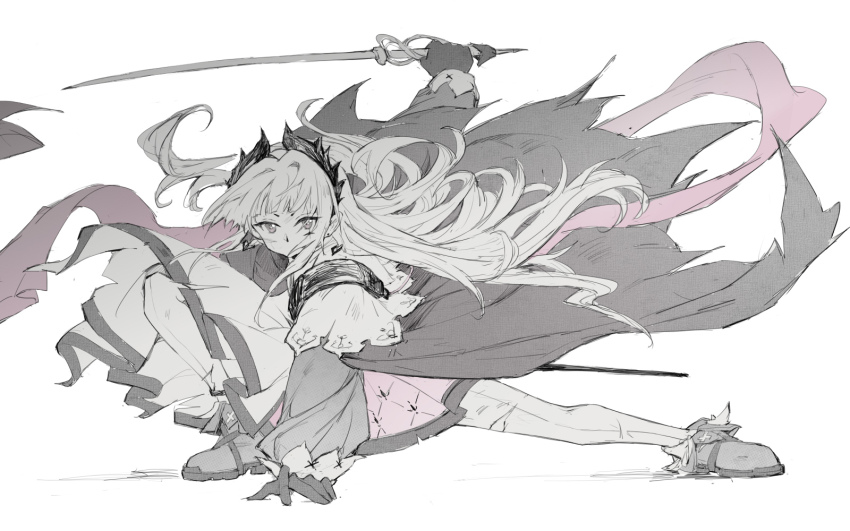 1girl arknights black_gloves capelet chinese_commentary commentary_request cross_scar dynamic_pose earrings front-seamed_legwear full_body gloves hand_on_ground head_wings highres holding holding_sword holding_weapon irene_(arknights) jewelry long_hair pale_color pantyhose pink_ribbon pink_skirt puffy_sleeves raive_(xiling474) ribbon scar scar_across_eye scar_on_face seamed_legwear shoes shoulder_strap simple_background skirt solo sword weapon white_background white_capelet white_pantyhose wings