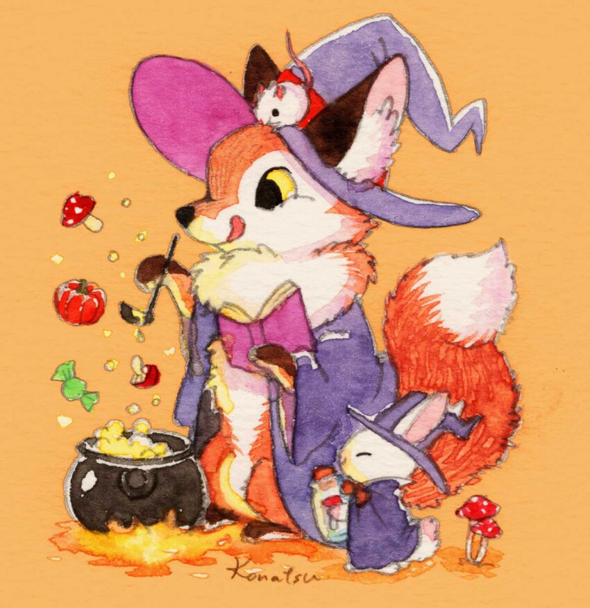 2others animal animal_ears animal_hands animal_on_head book cauldron cloak commentary_request fluffy fox_ears fox_tail furry furry_and_animal hat highres holding holding_book holding_ladle konatsu_tunacan ladle mouse_(animal) multiple_others mushroom on_head orange_background original other_focus purple_cloak purple_hat rabbit_ears rabbit_tail simple_background size_difference tail traditional_media witch witch_hat