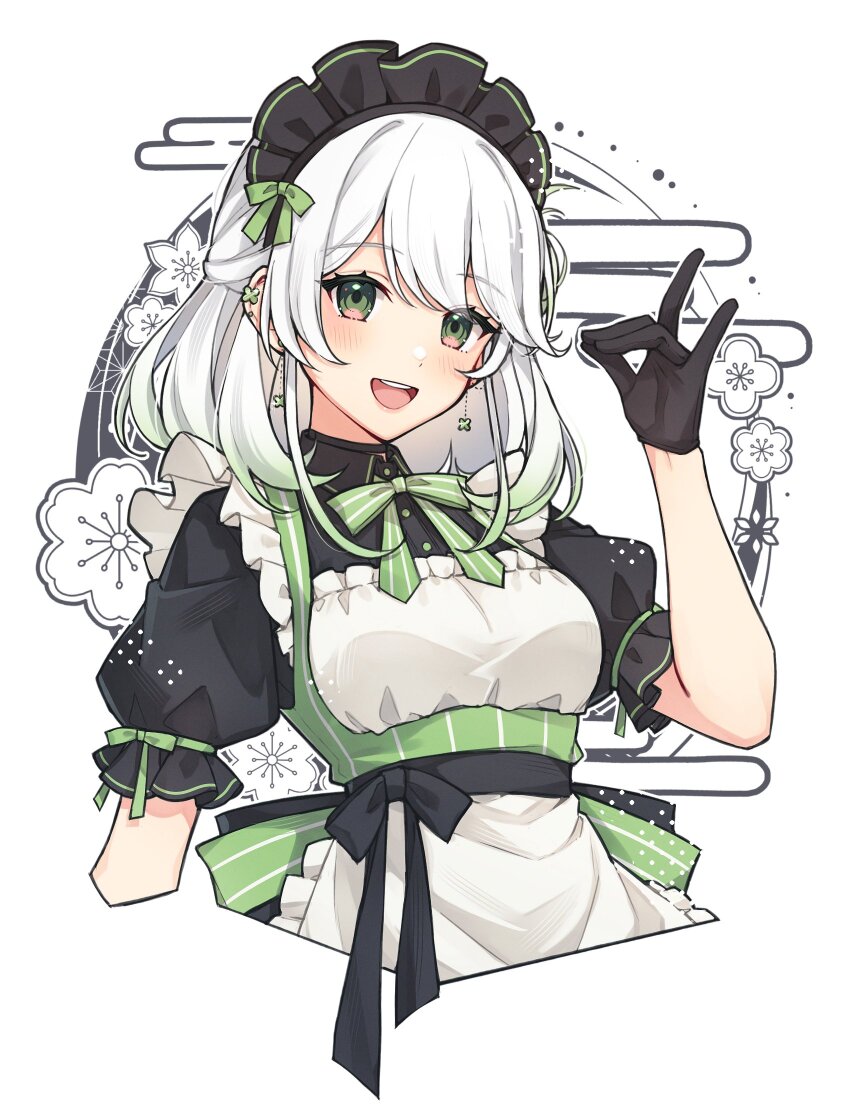 1girl :d apron arm_at_side black_gloves black_hairband black_shirt blush collared_shirt cropped_legs dot_nose earrings egasumi floating_earrings flower fox_shadow_puppet frilled_apron frills gloves gradient_hair green_eyes green_hair green_ribbon hairband half_updo hand_up head_tilt highres jewelry long_bangs long_hair looking_at_viewer maid maid_headdress multicolored_hair neck_ribbon open_mouth original pinstripe_ribbon puffy_short_sleeves puffy_sleeves puunyannyan ribbon shirt short_sleeves sidelocks simple_background smile solo teeth upper_teeth_only white_apron white_background white_flower white_hair