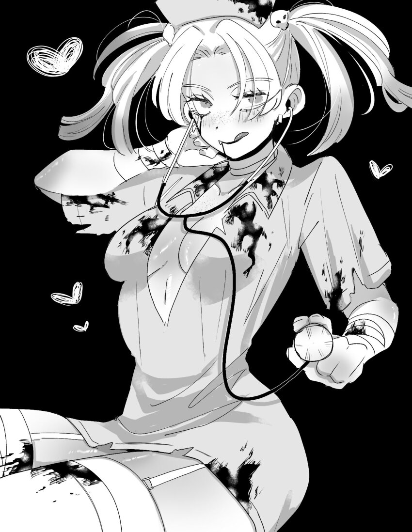 1girl :q bandaged_arm bandages black_background blood blood_on_clothes blush body_freckles breasts collared_dress commentary_request dos_i2525 dress fake_blood fang freckles futsuu_no_keion-bu garter_straps hair_ornament halloween_costume hat heart highres holding holding_stethoscope looking_at_viewer medium_breasts no_bra nurse nurse_cap official_alternate_costume official_alternate_hairstyle short_dress short_sleeves simple_background sitting skull_hair_ornament solo stethoscope thighhighs tongue tongue_out torn_clothes tsuru_asaka twintails