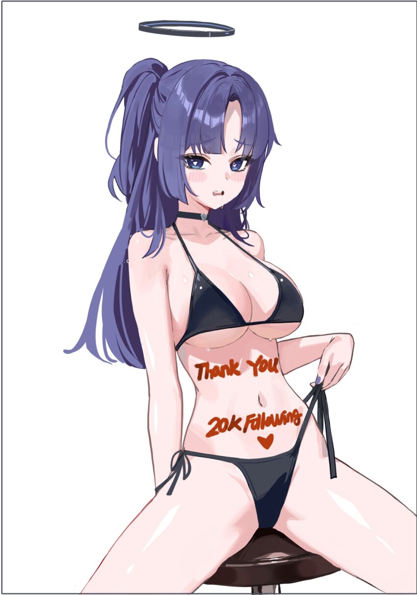 1girl bikini black_bikini black_choker black_halo blue_archive blush choker commentary english_commentary fieryonion halo heart heart-shaped_pupils highres long_hair looking_at_viewer navel peanut_mouth purple_eyes purple_hair side-tie_bikini_bottom solo stomach sweat swimsuit symbol-shaped_pupils teeth thank_you upper_teeth_only very_long_hair yuuka_(blue_archive)