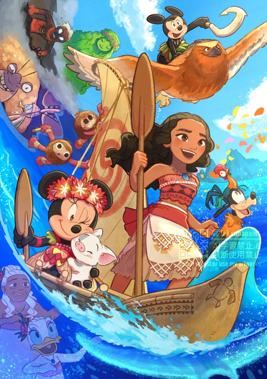 bare_shoulders bird black_hair brown_eyes brown_hair character_request chicken company_connection curly_hair daisy_duck dark-skinned_female dark_skin disney donald_duck flower goofy hair_flower hair_ornament heihei_(moana) highres jewelry long_hair looking_at_viewer maui_(moana) mickey_mouse mickey_mouse_&amp;_friends minnie_mouse moana_(movie) moana_waialiki necklace pig smile strapless takatmaorange te_fiti water