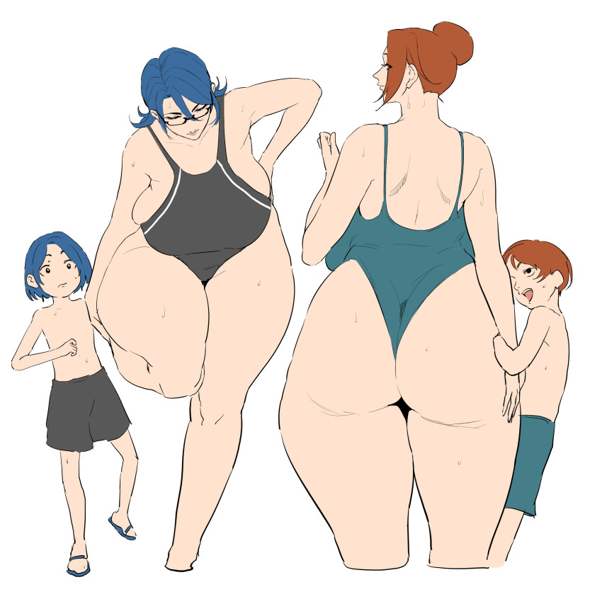 2boys 2girls age_difference breasts cleavage ecoruby highres huge_breasts large_breasts multiple_boys multiple_girls shota smile swimsuit