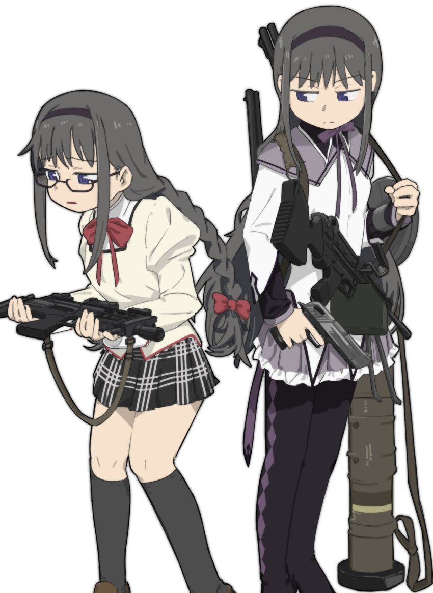 1girl aged_down akemi_homura akemi_homura_(magical_girl) black_hair black_hairband black_skirt black_socks bow bowtie braid dual_persona feet_out_of_frame fubarmoe glasses gun gun_sling hair_bow hairband handgun highres holding holding_gun holding_weapon juliet_sleeves kneehighs knees_together_feet_apart light_frown light_machine_gun long_hair long_sleeves looking_at_self m249_saw machine_gun mahou_shoujo_madoka_magica pantyhose plaid_clothes plaid_skirt puffy_sleeves purple_bow purple_bowtie purple_eyes purple_pantyhose red_bow red_bowtie rifle rocket_launcher school_uniform shotgun sidelocks simple_background single_braid skirt socks time_paradox trigger_discipline weapon white_background