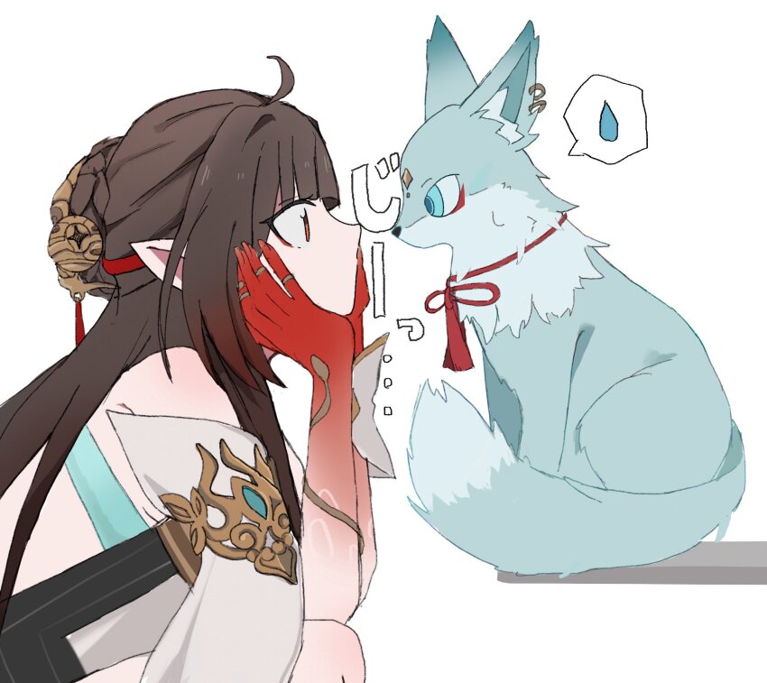 1girl ahoge animal_ears animalization blue_eyes blue_fur blunt_bangs brown_hair colored_extremities ear_piercing eyeshadow feixiao_(honkai:_star_rail) fox fox_ears fox_tail hair_bun hair_ornament highres honkai:_star_rail honkai_(series) jewelry lingsha_(honkai:_star_rail) looking_at_another makeup niupum piercing pointy_ears profile red_eyes red_eyeshadow red_hands red_nails red_ribbon ribbon single_hair_bun speech_bubble tail water_drop