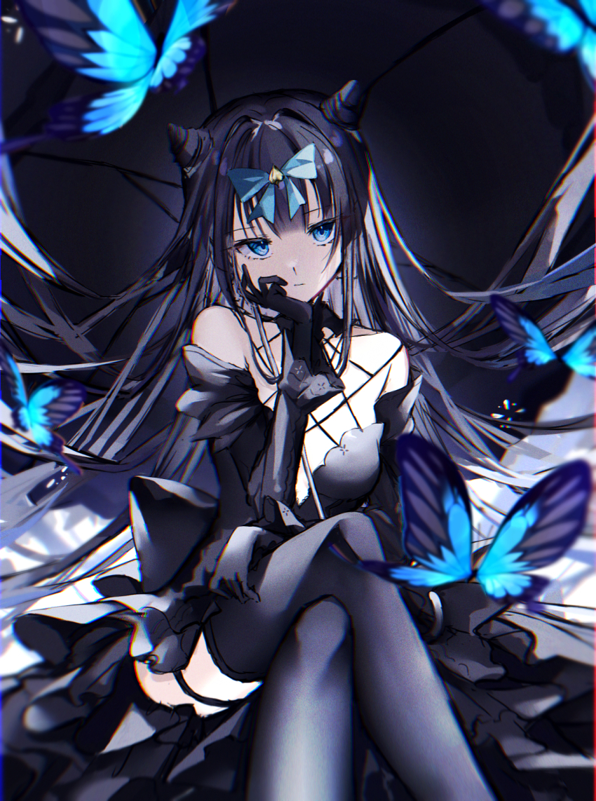 1girl arcaea black_gloves black_hair blue_eyes bow bug butterfly cone_hair_bun detached_sleeves expressionless gloves hair_bow hair_bun hand_on_own_cheek hand_on_own_face highres insect saksak_mocchiri solo tairitsu_(arcaea) tairitsu_(tempest)_(arcaea)