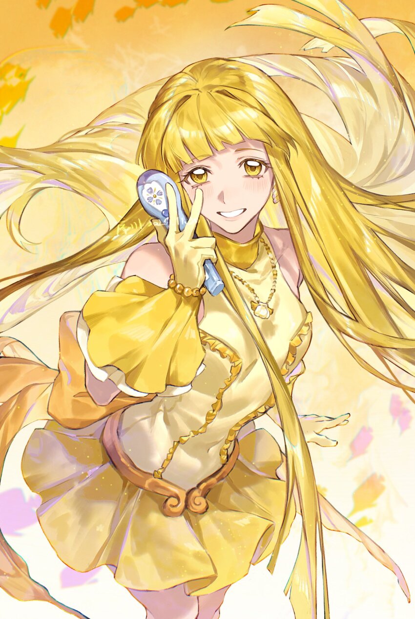 1girl arm_at_side back_bow bare_shoulders bead_bracelet beads blonde_hair blunt_bangs bow bracelet coco_(idol)_(mermaid_melody_pichi_pichi_pitch) coco_(mermaid_melody_pichi_pichi_pitch) commentary cowboy_shot dress earrings frilled_dress frilled_gloves frills gloves grin hand_up highres holding holding_microphone idol idol_clothes jewelry light_blush long_hair looking_at_viewer magical_girl mermaid_melody_pichi_pichi_pitch microphone necklace orange_bow shell shell_necklace sleeveless sleeveless_dress smile solo symbol-only_commentary turtleneck turtleneck_dress v xuchuan yellow_dress yellow_eyes yellow_gloves