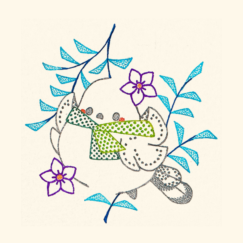 animal_focus bird blush branch flower green_scarf highres long-tailed_tit looking_at_viewer no_humans original purple_flower scarf simple_background sitting_on_branch solo tit_(bird) traditional_media usagi_shigeko