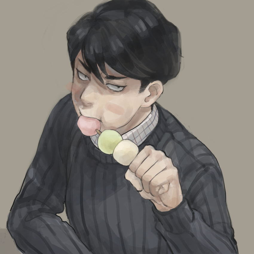 1boy black_hair blush dango eating food grey_background grey_sweater highres holding holding_food looking_at_viewer male_focus mtmr_0721 sangatsu_no_lion sanpaku sanshoku_dango shigeta_morio simple_background striped_clothes striped_sweater sweater upper_body wagashi