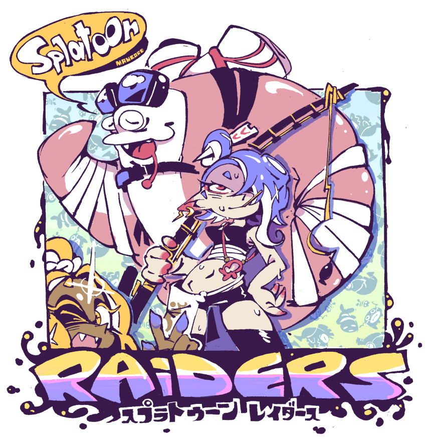 1boy 2girls arm_wrap big_man_(splatoon) big_man_(splatoon_raiders) bike_shorts blonde_hair blue_hair dark-skinned_female dark_skin eyeliner fangs fishing_rod forehead frye_(splatoon) frye_(splatoon_raiders) goggles goggles_on_head hair_over_one_eye hand_on_own_hip highres inkling looking_at_viewer makeup multiple_girls navel nintendo octoling one_eye_closed red_eyes shiny_skin shiver_(splatoon) shiver_(splatoon_raiders) smile splatoon_(series) splatoon_raiders sweat tank_top tentacle_hair thighhighs tintinmarmar v