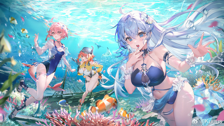 3girls ahoge anklet armlet bare_shoulders bead_bracelet beads bikini black_choker black_footwear blue_bikini blue_eyes blue_hair blue_nails blue_one-piece_swimsuit blue_sarong blue_socks bracelet breasts brown_footwear buttons chinese_commentary choker cleavage cleavage_cutout clothing_cutout clownfish collared_jacket colored_tips commentary_request coral coral_hair_ornament cowboy_shot criss-cross_straps crossed_bangs dot_nose eika_(strinova) eyelashes fish floating_clothes floating_hair frilled_sarong frilled_wrist_cuffs frills fuchsia_(strinova) full_body gloves goggles goggles_on_head grey-framed_eyewear grey_hair hair_between_eyes hand_on_own_chin hand_on_own_hip happy highres jacket jewelry kanami_(strinova) kuuus large_breasts light_blush light_particles long_hair long_sleeves loose_hair_strand low_ponytail manta_ray multicolored_hair multiple_girls nail_polish o-ring o-ring_thigh_strap one-eyed one-piece_swimsuit open_mouth outstretched_arm pendant pink_hair ponytail red_hair sandals sarong school_of_fish scuba_gear see-through_clothes see-through_jacket shell_hair_ornament shipwreck shoulder_cutout single_hair_intake sleeve_cuffs snorkel socks stirrup_legwear stomach streaked_hair strinova swimsuit teeth thigh_strap toeless_legwear toes turtleneck turtleneck_jacket underwater upper_teeth_only very_long_hair watermark weapon weapon_on_back weibo_watermark white_jacket white_one-piece_swimsuit white_wrist_cuffs wrist_cuffs yellow_eyes yellow_jacket zipper