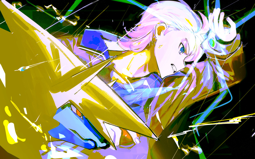 03_oxo 1boy arm_up black_background blue_eyes blue_shirt commentary_request electricity gen_3_pokemon grimace highres looking_ahead male_focus manectric mega_manectric mega_pokemon mega_stone nintendo orange_eyes pokemon pokemon_(creature) pokemon_legends:_z-a shirt short_hair sweatdrop urbain_(pokemon)