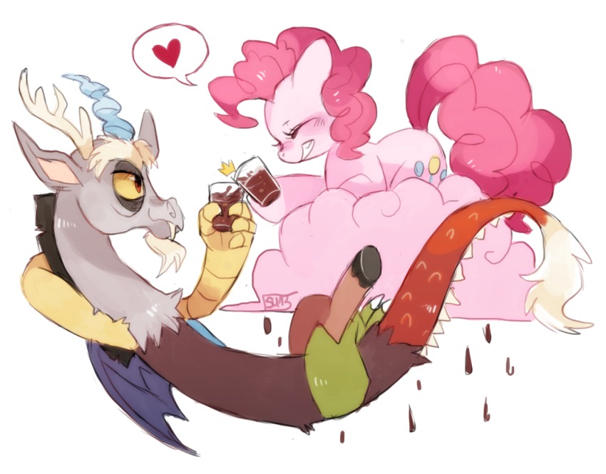 closed_eyes discord_(my_little_pony) grin heart my_little_pony my_little_pony:_friendship_is_magic no_humans pinkie_pie simple_background smile spoken_heart suikuyo white_background