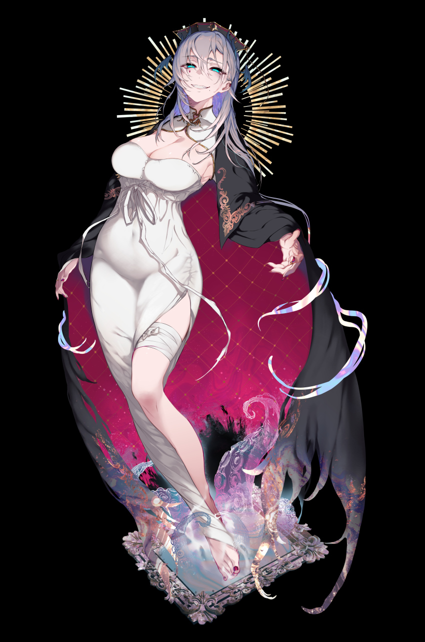 1girl absurdres bandages black_cape blue_eyes breasts cape cleavage dress earclip evil_smile full_body highres indie_virtual_youtuber large_breasts long_dress long_hair looking_at_viewer mirror nail_polish pochi_(pochi-goya) pochimaru_(vtuber) simple_background smile solo virtual_youtuber white_dress