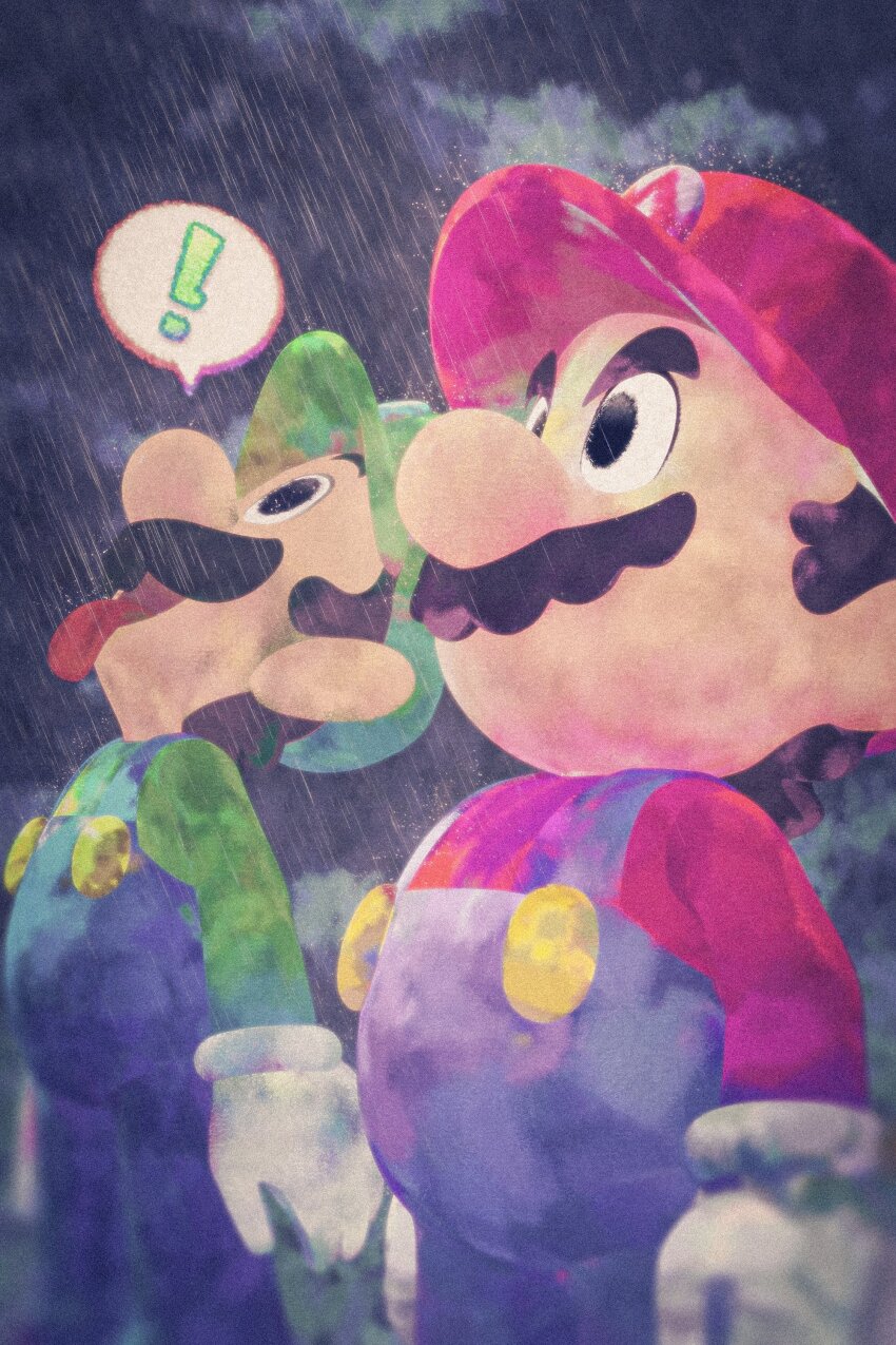 2boys absurdres blue_overalls brothers cabbie_hat closed_mouth facing_up goku_and_vegeta_in_the_rain_(meme) green_hat green_shirt hat highres looking_up luigi male_focus mario mario0ooo0ooo0o mario_&amp;_luigi:_brothership mario_&amp;_luigi_rpg mario_(series) meme multiple_boys nintendo open_mouth overalls rain red_hat red_shirt shirt siblings speech_bubble tongue tongue_out