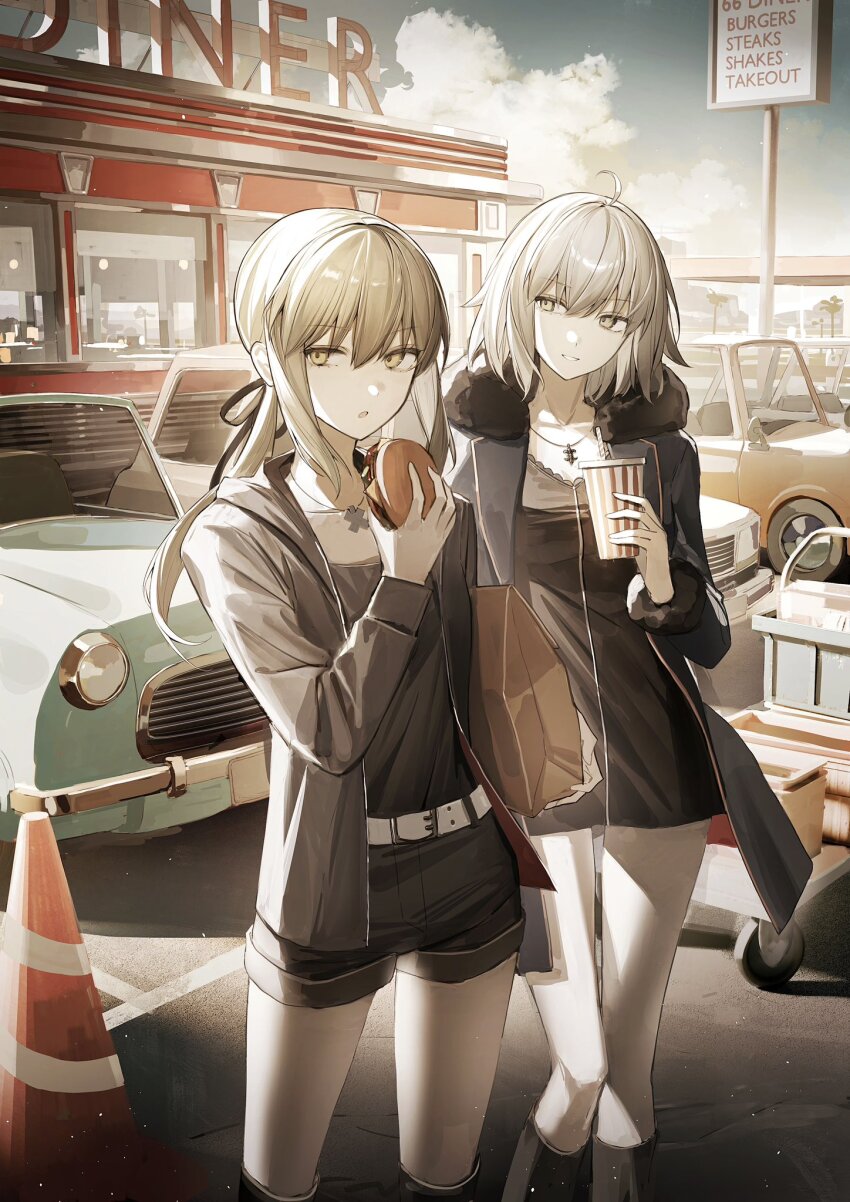 2girls ahoge artoria_pendragon_(fate) belt black_dress black_ribbon black_shorts blonde_hair blue_coat breasts burger coat cross cross_necklace diner dress drink fate/grand_order fate_(series) food full-length_zipper fur-trimmed_coat fur-trimmed_jacket fur-trimmed_sleeves fur_trim highres holding holding_drink holding_food jacket jeanne_d&#039;arc_alter_(avenger)_(fate) jeanne_d&#039;arc_alter_(fate) jeanne_d&#039;arc_alter_(ver._shinjuku_1999)_(fate) jewelry long_hair long_sleeves low_ponytail multiple_girls necklace official_alternate_costume open_clothes open_coat ponytail ribbon saber_alter saber_alter_(ver._shinjuku_1999) short_dress short_hair shorts tamitami white_hair yellow_eyes zipper zipper_dress