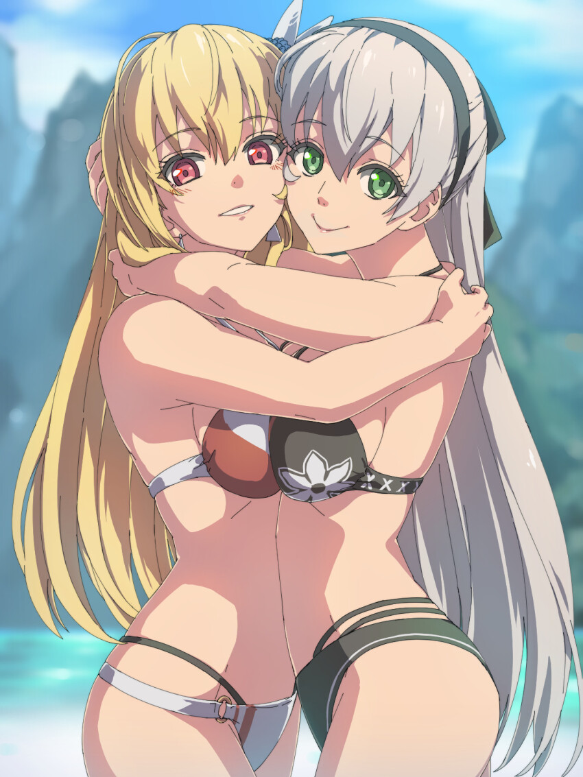 2girls alisa_reinford ao_no_kiseki bikini black_bikini black_hairband blonde_hair breast_press chiharu_(9654784) eiyuu_densetsu elie_macdowell falcom feather_hair_ornament feathers green_eyes grey_hair hair_ornament hairband hajimari_no_kiseki highres hug long_hair multiple_girls red_eyes sen_no_kiseki sen_no_kiseki_(series) sen_no_kiseki_iii sen_no_kiseki_iv swimsuit white_bikini zero_no_kiseki