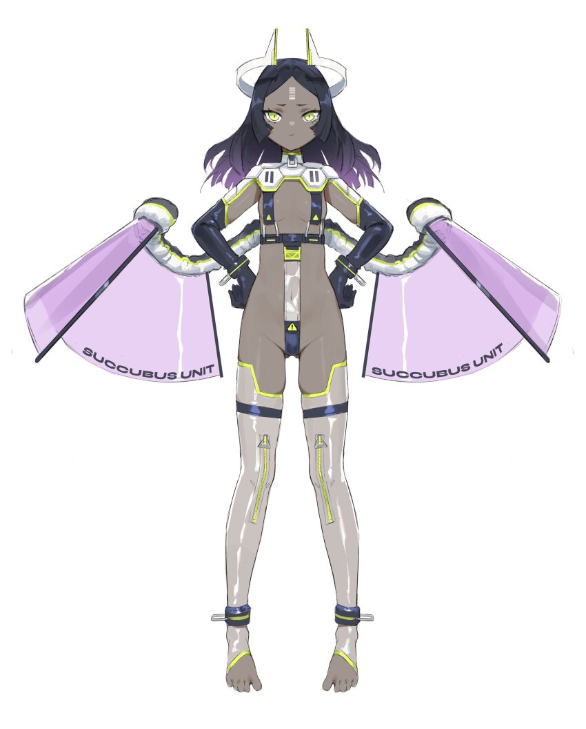1girl absurdres android anklet armpit_crease barcode barcode_tattoo bare_hips belt belt_around_waist black_belt black_gloves black_hair body_writing bracelet breasts chest_harness collar colored_tips commentary crotch crotch_strap curled_fingers dark-skinned_female dark_skin demon_girl demon_horns demon_wings dot_nose elbow_gloves english_commentary english_text feet forehead frown full_body furrowed_brow gloves gluteal_fold gradient_hair green_eyes green_trim groin hair_intakes hair_spread_out half-closed_eyes hands_on_own_hips harness high_collar highres horns invisible_floor jewelry latex latex_gloves latex_thighhighs legs_apart light_frown long_eyelashes long_hair long_legs looking_at_viewer mechanical_horns mechanical_wings multicolored_hair multiple_belts naked_belt narrowed_eyes navel o-ring original parted_bangs pout purple_hair purple_wings revealing_clothes see-through_clothes shoulder_pads sideboob sign simple_background skindentation slit_pupils small_breasts solo spread_wings standing stirrup_legwear straight-on tachi-e tattoo thick_eyelashes thighhighs toeless_legwear toes transparent_wings tsurime two-tone_hair underboob vertigris warning_sign white_background white_horns white_thighhighs wings zipper zipper_pull_tab