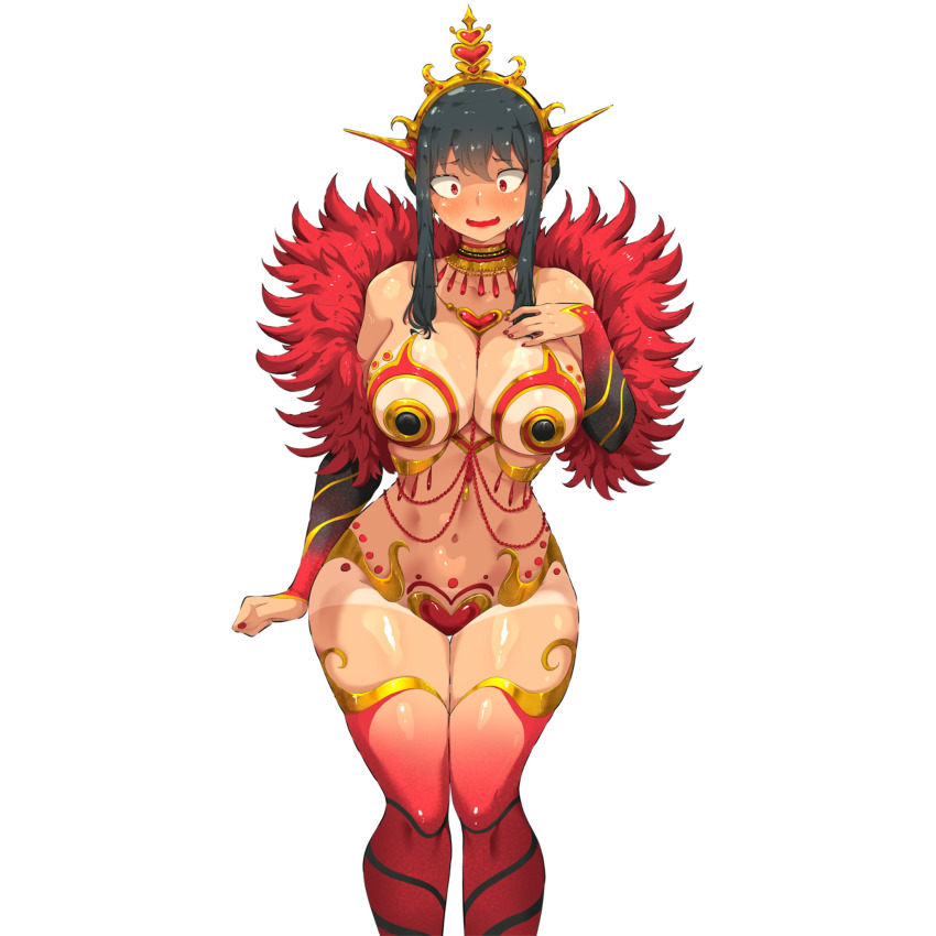 1girl bare_shoulders bikini_tan black_hair blush breasts clothing_request hand_on_own_chest headpiece highres huge_breasts jk_arts large_breasts long_hair navel pasties red_eyes samba short_hair sidelocks simple_background solo spy_x_family stomach tan tanline transparent_background yor_briar