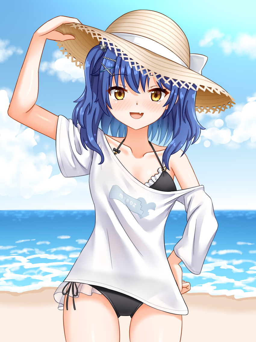 1girl amamiya_kokoro beach bikini bikini_under_clothes black_bikini blue_hair blue_sky cloud day fang frilled_bikini frills gluteal_fold hair_ornament hat highres horizon looking_at_viewer medium_hair nijisanji ocean outdoors shirt side-tie_bikini_bottom skin_fang sky solo straw_hat sun_hat swimsuit t-shirt tamba_i thigh_gap virtual_youtuber white_shirt x_hair_ornament yellow_eyes