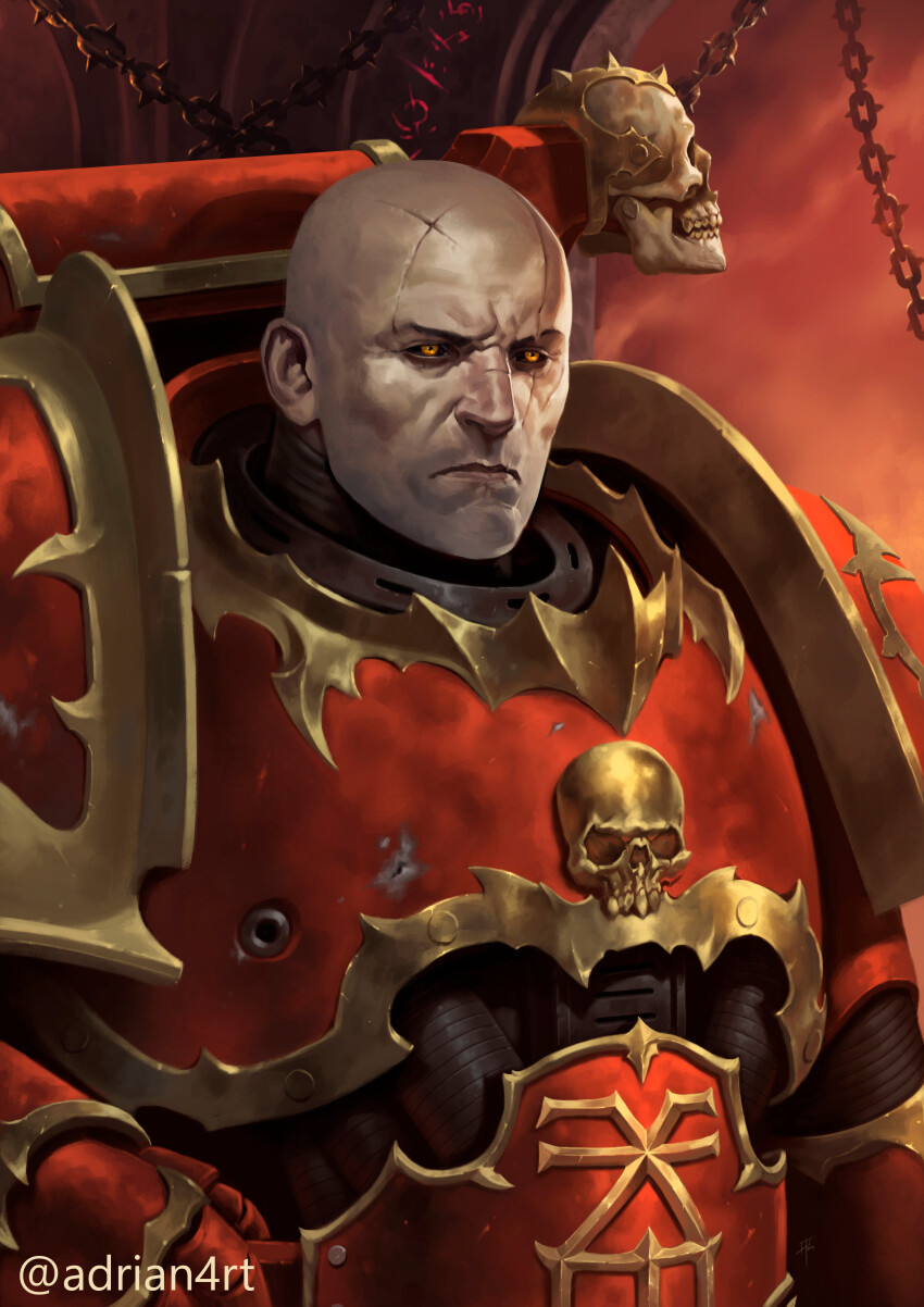 1boy absurdres adrian4rt armor bald black_sclera breastplate bullet_hole chapter_master_valrak colored_sclera commentary commission couter english_commentary gauntlets glowing glowing_eyes gold_trim highres male_focus orange_eyes original pauldrons power_armor red_armor red_eyes rerebrace shoulder_armor solo upper_body warhammer_40k world_eaters