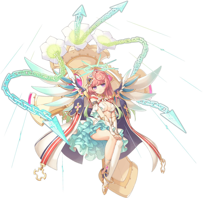 1girl ahoge artist_request asymmetrical_legwear bare_shoulders breasts chain cleavage collar cross detached_sleeves feathered_wings full_body gabriel_(legend_clover) game_cg gears gem hair_ornament halo highres legend_clover light_smile official_art pink_hair purple_eyes sitting skirt thighs third-party_source transparent_background wings