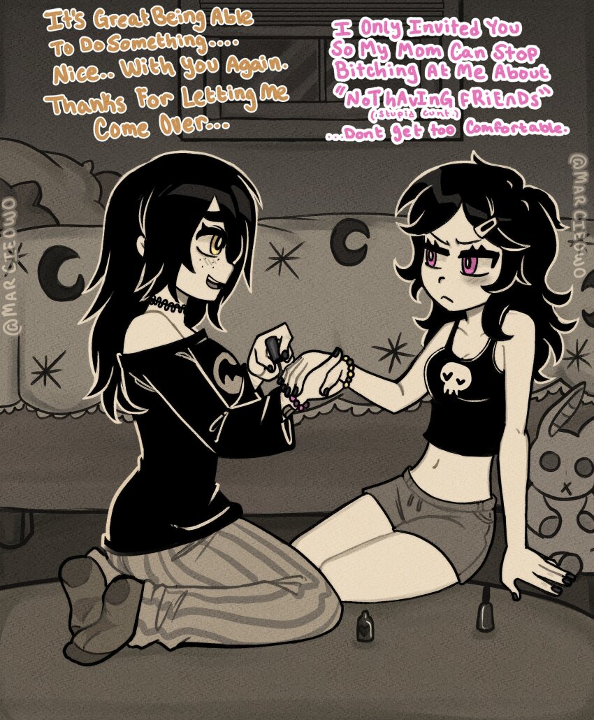 2girls :&lt; :d absurdres annoyed antenna_hair applying_another&#039;s_manicure arm_at_side arm_support ashley_graves bare_arms bare_shoulders bed breasts bright_pupils carpet choker cleavage closed_mouth collarbone commentary crescent_print drawstring english_commentary english_text eye_contact face-to-face film_grain freckles frown full_body greyscale hair_down hair_ornament hair_over_shoulder hairclip hand_up hands_up highres holding_hands indoors julia_(the_coffin_of_andy_and_leyley) long_hair long_sleeves looking_at_another marcieowo midriff monochrome multiple_girls nail_polish navel no_shoes off-shoulder_shirt off_shoulder open_mouth pants parted_bangs pillow pink_eyes profanity raised_inner_eyebrows shirt short_shorts shorts sidelocks simple_background sitting skinny skull_brooch small_breasts smile socks spot_color straight_hair striped_clothes striped_pants stuffed_animal stuffed_rabbit stuffed_toy talking tank_top teeth the_coffin_of_andy_and_leyley thick_eyebrows twitter_username upper_teeth_only v-shaped_eyebrows vertical-striped_clothes vertical-striped_pants wariza window yellow_eyes