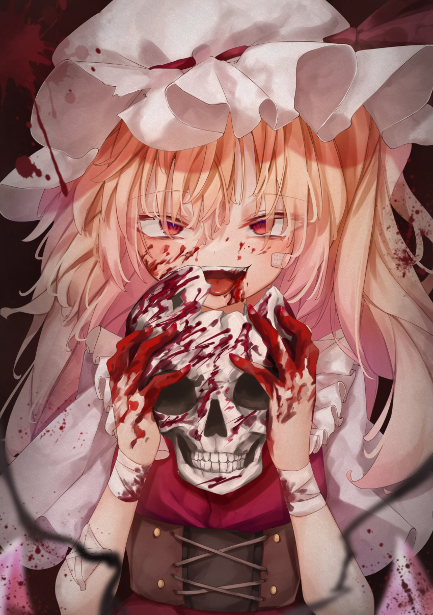 1girl :d absurdres bandaged_arm bandages bandaid bandaid_on_face blonde_hair blood blood_from_mouth blood_on_clothes blood_on_face bloody_bandages breasts broken_skull calpis118 commentary_request corset dark_background flandre_scarlet hair_between_eyes hands_up hat highres holding holding_skull long_hair looking_at_viewer mob_cap nail_polish one_side_up open_mouth red_background red_eyes red_nails red_vest short_sleeves simple_background skull small_breasts smile solo tongue touhou upper_body vest white_hat