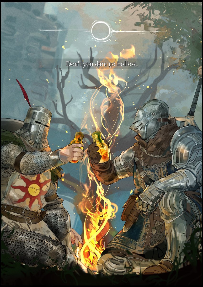 1boy 1other armor bare_tree brown_capelet brown_gloves capelet chosen_undead claymore_(sword) dark_souls_(series) dark_souls_i embers english_text estus_flask fire fire flask full_armor gauntlets gloves greatsword greaves hand_up helmet highres holding holding_flask knee_up knight looking_at_another nslacka outdoors pauldrons planted planted_sword planted_weapon pouch shield shoulder_armor single_gauntlet single_glove sitting solaire_of_astora sun_symbol surcoat sword toasting_(gesture) tree weapon weapon_on_back