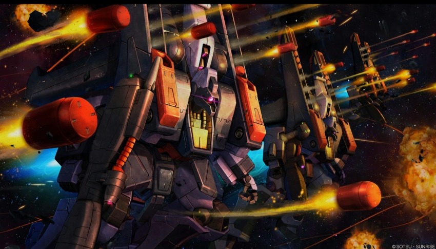 battle beam_rifle cable copyright_logo energy_gun explosion firing ga-zowmn gundam gundam_battle_operation_2 gundam_zz mecha mecha_focus missile mobile_suit neo_zeon one-eyed realistic robot scan science_fiction space sunrise_(company) tenjin_hidetaka thrusters traditional_media weapon