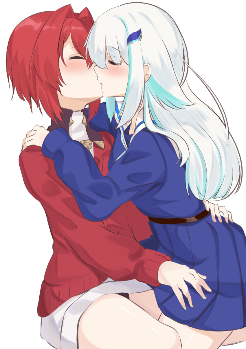 2girls absurdres ange_katrina ange_katrina_(1st_costume) arm_around_waist black_panties blue_hair blue_shirt blue_skirt blush cardigan closed_eyes commentary_request dress hair_between_eyes hair_intakes hair_ornament hand_on_another&#039;s_shoulder highres kiss lize_helesta lize_helesta_(4th_costume) long_bangs long_hair long_sleeves medium_hair miniskirt multicolored_hair multiple_girls nijisanji panties pleated_skirt red_cardigan red_hair sailor_collar shirt short_dress sidelocks simple_background sitting skirt straddling streaked_hair thigh_straddling two-tone_hair underwear viet_(yomi0556) virtual_youtuber white_background white_dress white_hair white_sailor_collar yuri