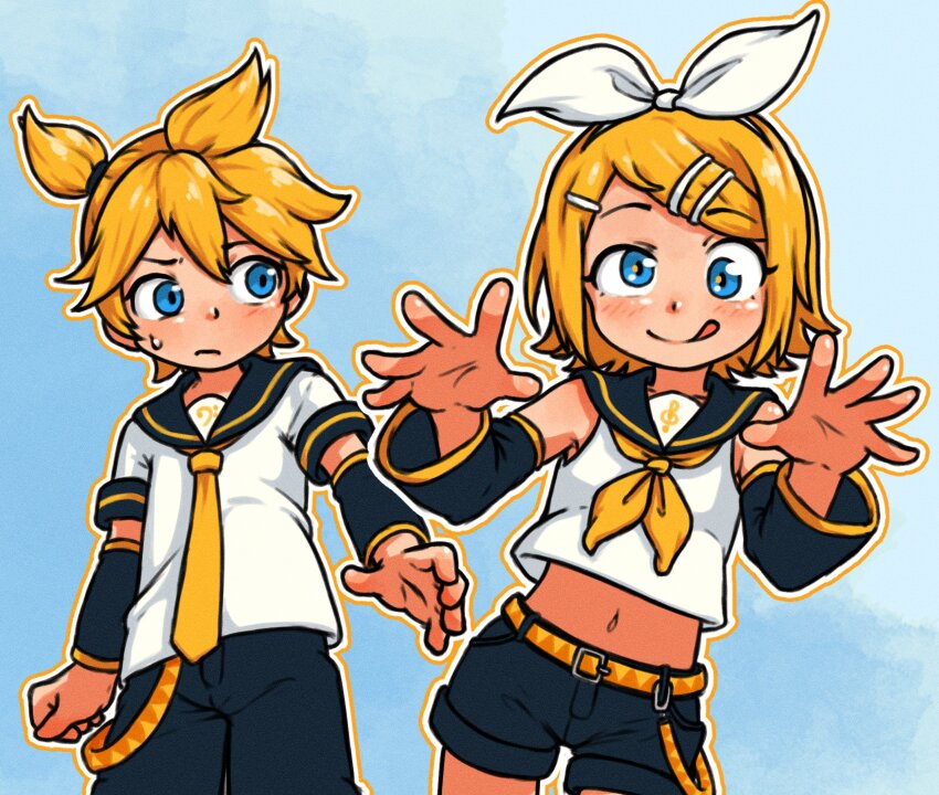 1boy 1girl :q absurdres armpits arms_at_sides asymmetrical_bangs bass_clef beachepisode belt black_sailor_collar black_shorts blonde_hair blue_eyes blush bow closed_mouth cloud cloudy_sky collarbone commentary cowboy_shot detached_sleeves english_commentary frown hair_between_eyes hair_bow hair_ornament hairband hairclip hands_up highres kagamine_len kagamine_rin looking_at_another looking_at_viewer making_faces medium_hair midriff navel neckerchief orange_belt orange_outline outline ponytail raised_eyebrow sailor_collar shirt short_ponytail short_sleeves shorts siblings side_ponytail sky sleeveless sleeveless_shirt standing straight_hair sweatdrop tongue tongue_out treble_clef twins two-tone_belt vocaloid white_bow white_hairband white_outline white_shirt yellow_belt yellow_neckerchief
