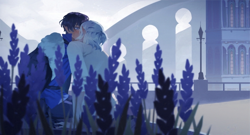 2boys aymeric_de_borel belt black_belt black_hair blue_eyes blue_shirt blush building coat collared_shirt commentary elezen elf english_commentary estinien_varlineau final_fantasy final_fantasy_xiv flower fur-trimmed_coat fur_trim hair_behind_ear highres kimikoyuki_13 kiss lamppost lavender_(flower) long_pointy_ears looking_at_another male_focus multiple_boys plant pointy_ears ponytail popped_collar shirt short_hair short_ponytail white_fur white_hair white_shirt yaoi
