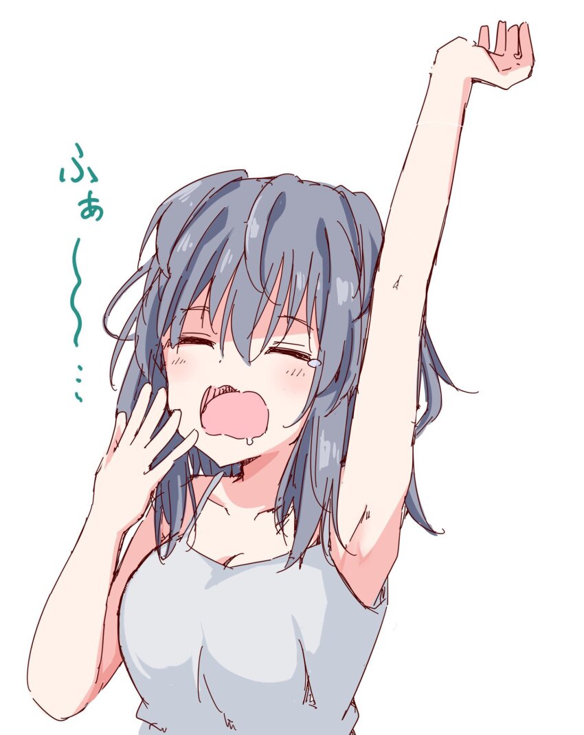 1girl armpits breasts camisole closed_eyes highres kuromiya_sakana large_breasts medium_hair original solo stretching white_background yawning
