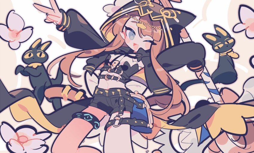 1girl arknights black_cat black_jacket black_shorts blush_stickers brown_background brown_hair cat colored_sclera commentary flower green_eyes hammer head_chain holding holding_hammer hood hood_up hooded_jacket infection_monitor_(arknights) jacket jewelry long_hair long_sleeves looking_at_viewer one_eye_closed open_mouth pepe_(arknights) pink_flower shorts simple_background sketch smile solo stomach thigh_strap v white_background yellow_sclera ym_dpl