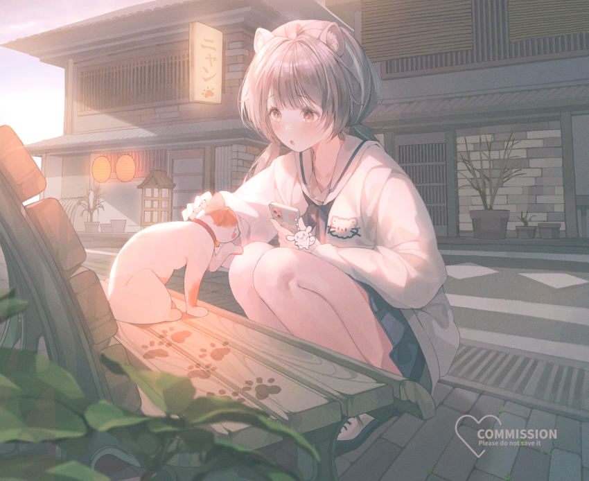 1girl :o absurdres bench black_neckerchief blue_skirt blush brick_road cat cellphone cellphone_charm charm_(object) collar commentary commission day full_body grate grey_hair hair_between_eyes highres holding holding_phone house legs_together long_sleeves looking_at_another low_twintails miniskirt neckerchief open_mouth orange_eyes original outdoors patch_oxxo petting phone pleated_skirt red_collar road sailor_collar school_uniform serafuku sewer_grate shade shirt shoes sidewalk skirt smartphone sneakers solo squatting street symbol-only_commentary thighs twintails watermark white_sailor_collar white_shirt white_shoes