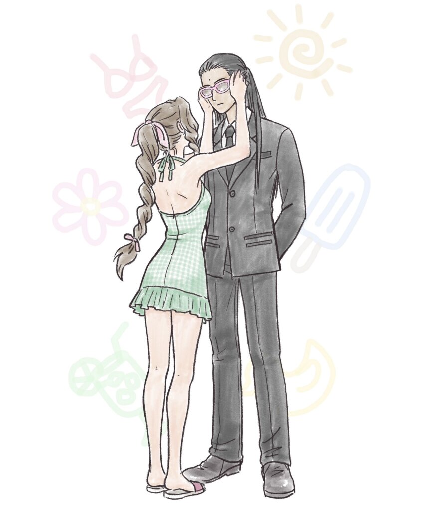 1boy 1girl aerith_gainsborough black_hair black_suit braid braided_ponytail brown_hair chachachalili final_fantasy final_fantasy_vii flower formal_clothes green_one-piece_swimsuit hair_ribbon highres long_hair one-piece_swimsuit pink_ribbon ribbon sandals standing suit sunglasses swimsuit tseng turks_(ff7)