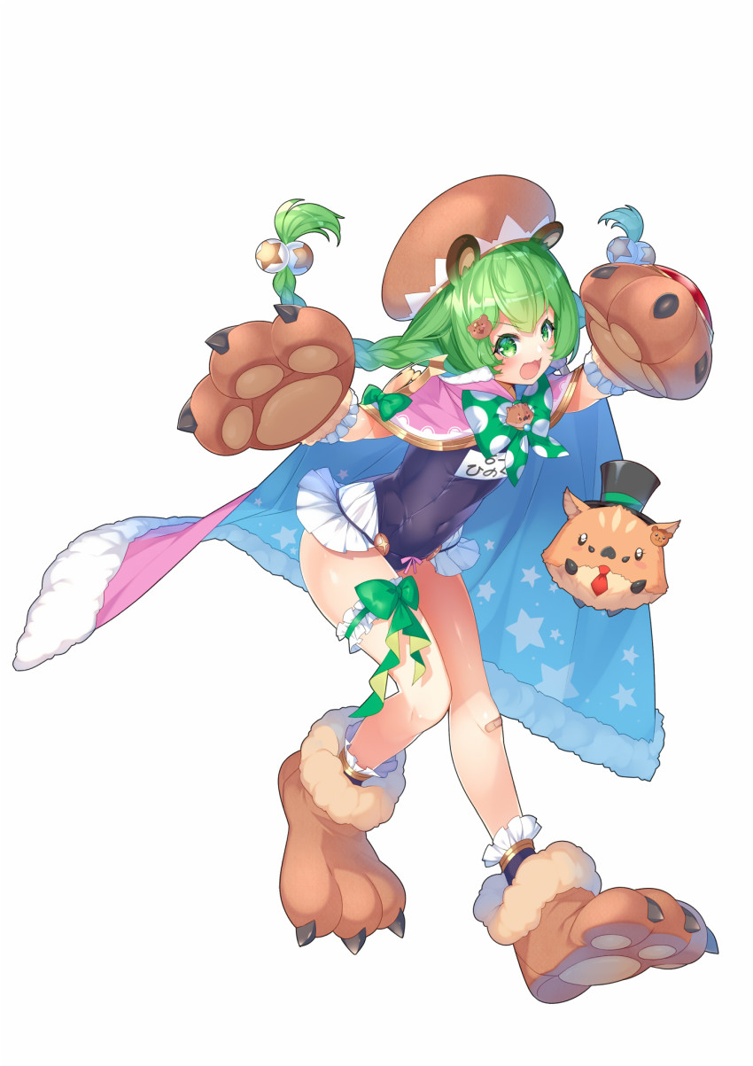 1girl :d animal_ear_fluff animal_ears animal_hands animare bandaid bandaid_on_knee bandaid_on_leg bear_ears bear_hair_ornament beret black_hat black_one-piece_swimsuit blue_cape bow braid brown_gloves brown_hat brown_shoes cape covered_navel fang female_focus frills full_body fur-trimmed_cape fur_trim gloves green_bow green_eyes green_hair hair_ornament hat highres hinokuma_ran kokka_han long_hair looking_at_viewer name_tag nanashi_inc. old_school_swimsuit one-piece_swimsuit open_mouth paw_gloves paw_shoes pink_cape polka_dot polka_dot_bow red_neckwear school_swimsuit shoes simple_background smile solo swimsuit topless_female v-shaped_eyebrows virtual_youtuber white_background