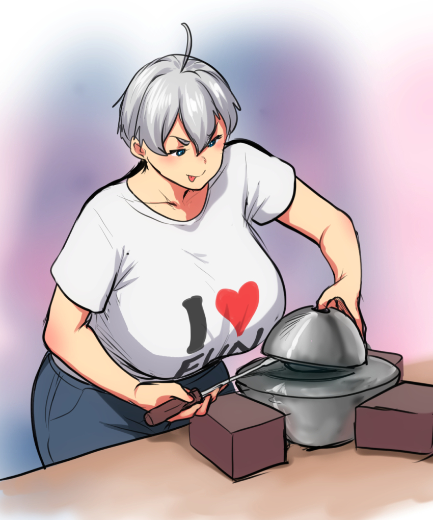 1girl ahoge blue_eyes blue_pants blurry blurry_background blush breasts brick demon_core erkaz gigantic_breasts gradient_background grey_hair hair_between_eyes highres original pants print_shirt rey_tannhauser_(erkaz) screwdriver shadow shirt short_hair short_sleeves smile solo tongue tongue_out white_shirt