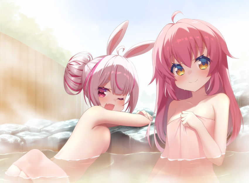 2girls :d ahoge arm_at_side arm_rest ass blunt_bangs blush breast_press breasts closed_mouth collarbone datenchi_yua eyelashes fang fence hair_between_eyes hair_bun hand_up highres holding holding_towel hoppege indie_virtual_youtuber leaning_on_object long_hair looking_at_viewer multicolored_hair multiple_girls naked_towel nude one_eye_closed onsen open_mouth outdoors partially_submerged pink_eyes pink_hair rabbit_ears rock same-sex_bathing shared_bathing short_eyebrows short_hair sidelocks single_hair_bun small_breasts smile steam streaked_hair thick_eyebrows tomari_mari towel two-tone_hair upper_body virtual_youtuber water wooden_fence yellow_eyes