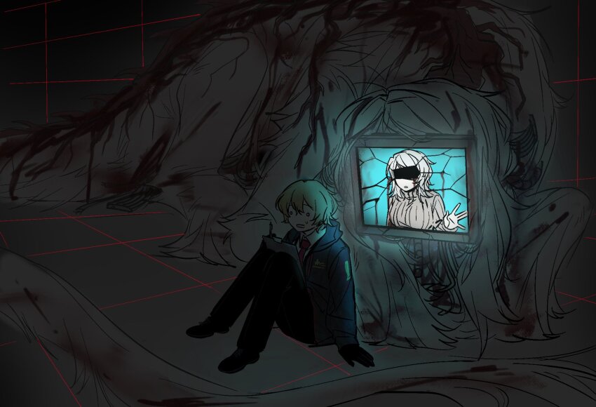 1boy 1girl black_gloves black_jacket black_pants blood brown_sweater censored censored_identity collared_shirt cracked_screen dark faust_(project_moon) gloves highres jacket knees_up lce_(identity)_(project_moon) limbus_company monitor monster_girl monsterification necktie ohzv pants project_moon red_necktie ribbed_sweater shirt short_hair sinclair_(project_moon) sitting sweater white_hair white_shirt