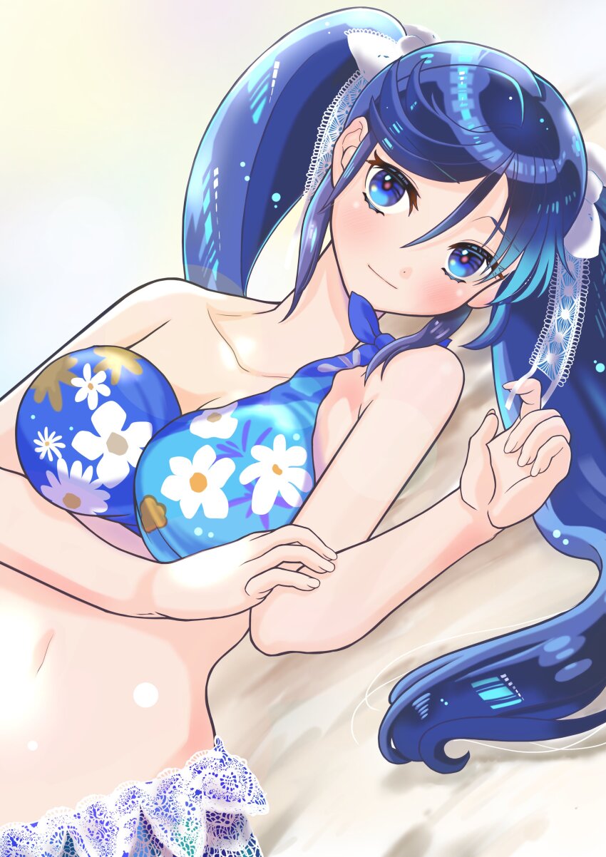 1girl absurdres beach bikini blue_bikini blue_eyes blue_hair blush breasts cleavage collarbone day floral_print hair_ribbon highres isuzu_(kancolle) isuzu_kai_ni_(kancolle) isuzu_kai_ni_(swimsuit)_(kancolle) kantai_collection large_breasts long_hair looking_at_viewer lying navel neko_to_imo outdoors ribbon sand sarong single-shoulder_bikini smile solo swimsuit twintails