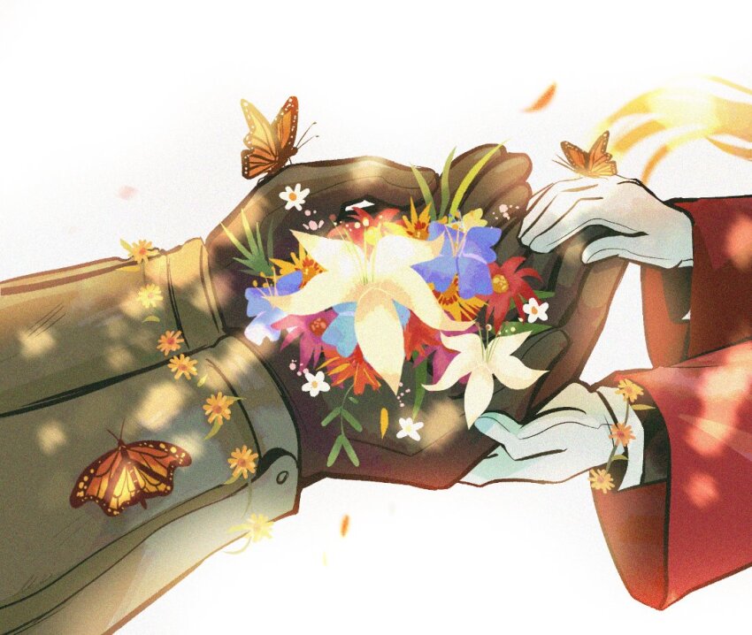 2boys alphonse_elric andythelemon armor blue_flower brothers bug butterfly edward_elric falling_petals flower fullmetal_alchemist gloves head_out_of_frame holding holding_flower insect jacket male_focus monarch_butterfly multiple_boys petals red_flower red_jacket siblings white_background white_flower white_gloves yellow_flower