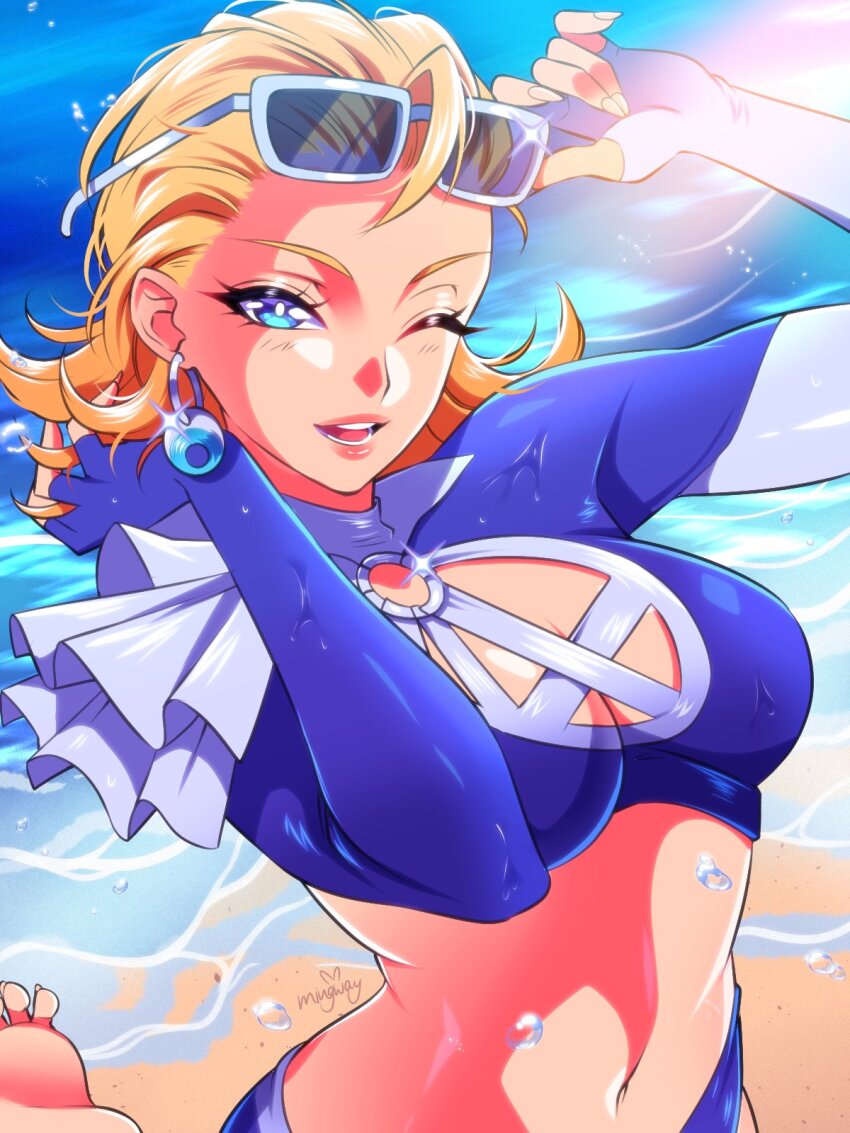 1girl ;d barefoot beach blonde_hair blue_eyes blue_one-piece_swimsuit breasts cleavage_cutout clothing_cutout commentary earrings eyewear_on_head fantastic_four fingerless_gloves gloves hair_slicked_back highres jewelry large_breasts long_hair looking_at_viewer marvel marvel_rivals midriff mingway navel o-ring o-ring_swimsuit ocean one-piece_swimsuit one_eye_closed open_mouth pink_lips sand smile solo sue_storm sue_storm_(azure_shade) sunglasses swimsuit upper_body water